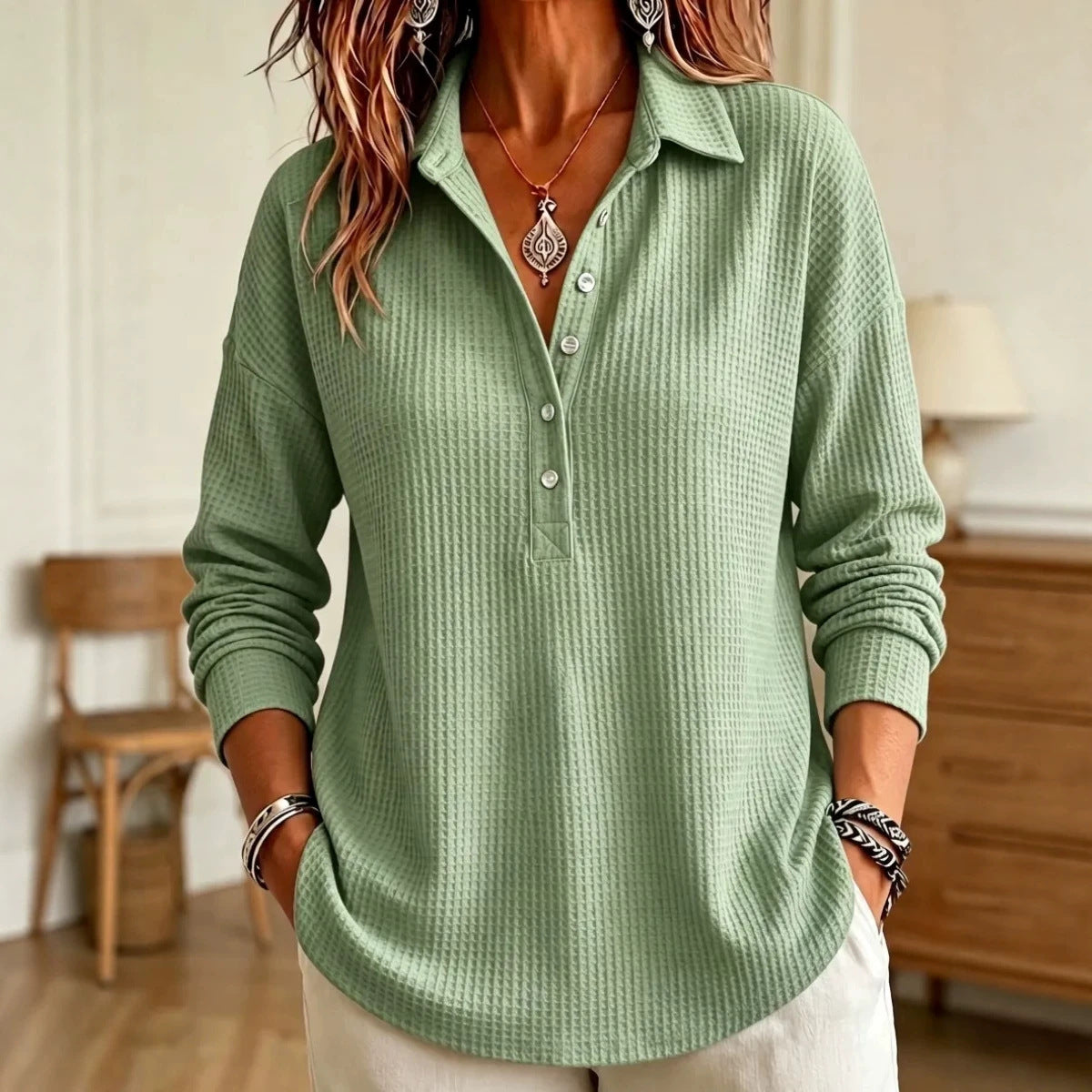 CLEARANCE SALE🔥 Women's Casual Waffle Knit Collared Henley Long Sleeve Shirt